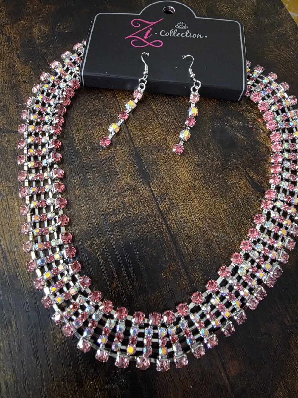 paparazzi Pink Multi-Row Crystal Collar Necklace with Matching Drop Earrings